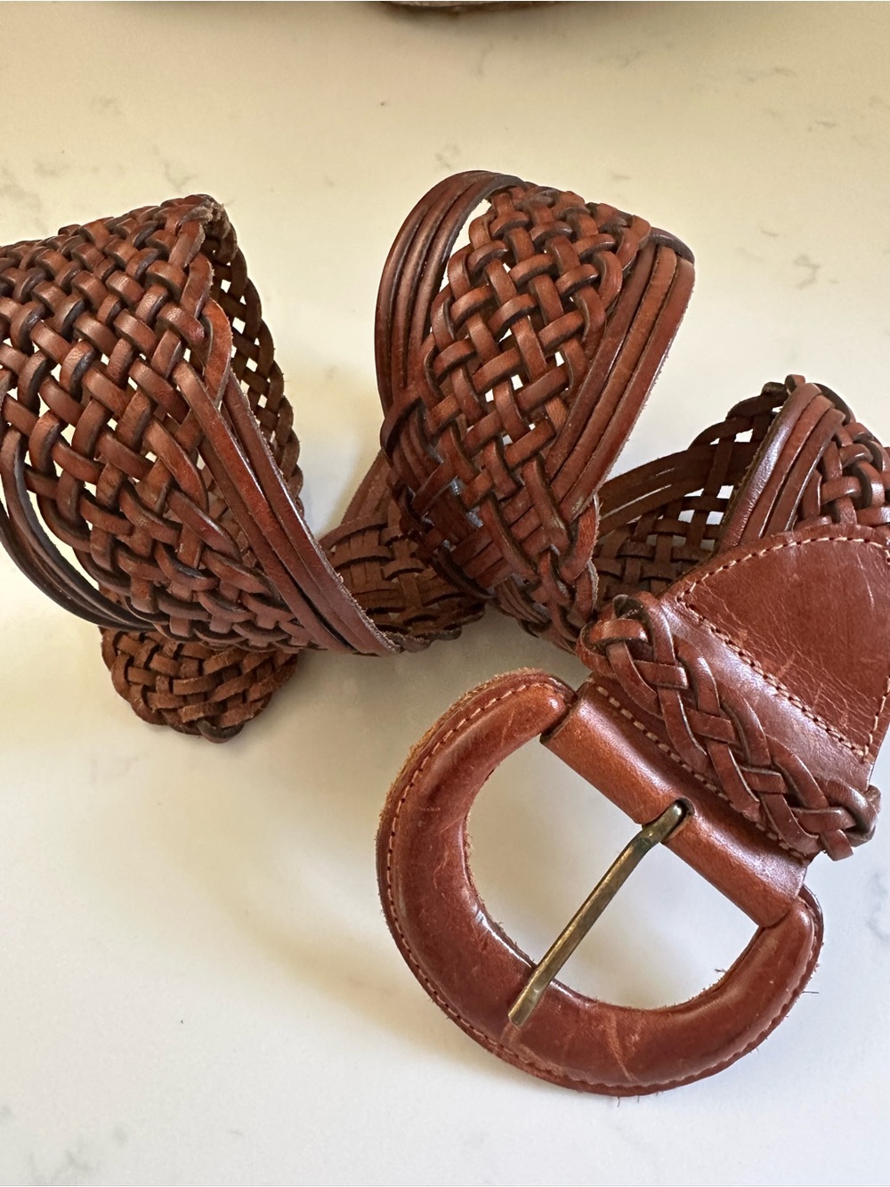 Vintage Wide Woven Leather Belt Brown Boho Western Statement Buckle Size Small